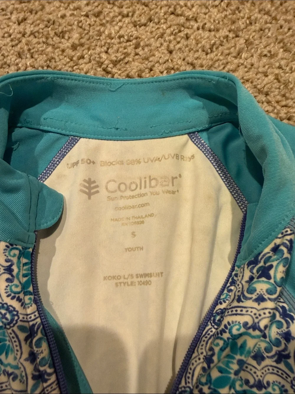 Coolibar Teal and Blue Patterned Long Sleeve Rashguard Swimsuit
